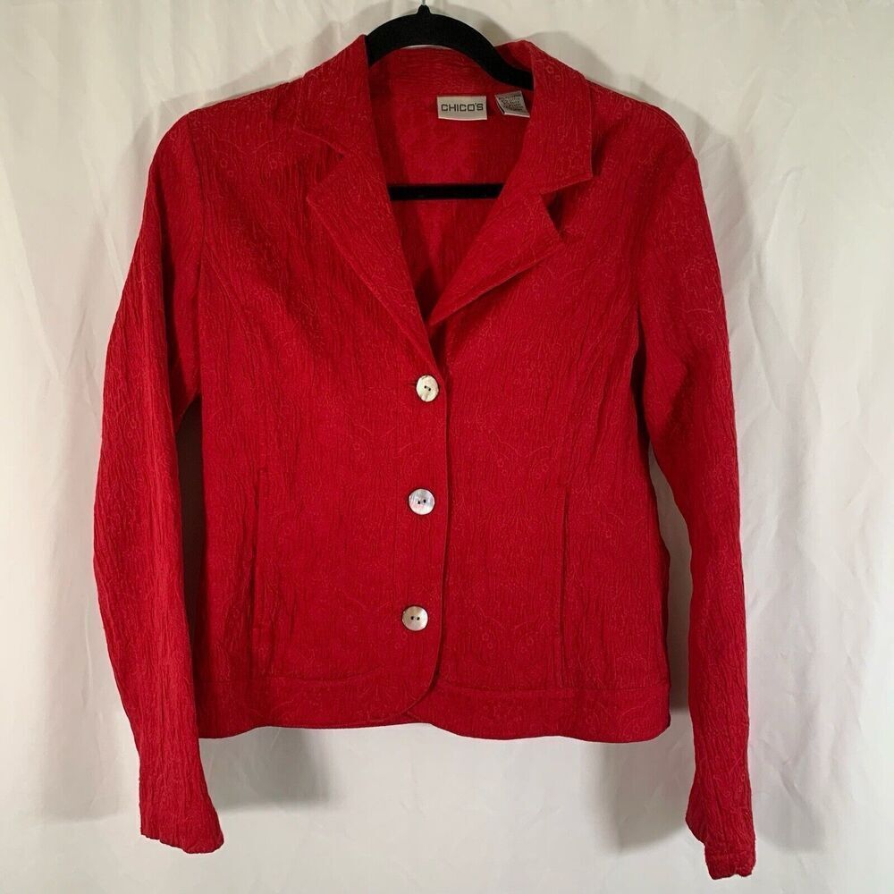 Chico's Jacket Women's 0 Small Red Floral 3 Button Front Long Sleeve